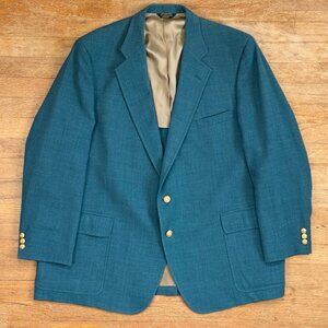 Vintage Mens Wool Blend Blazer Size 48R 70s Teal Blue/Green Sport Coat Jacket